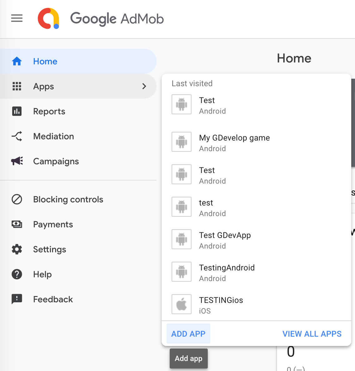 官方帮助文档中在 AdMob 后台添加应用的界面