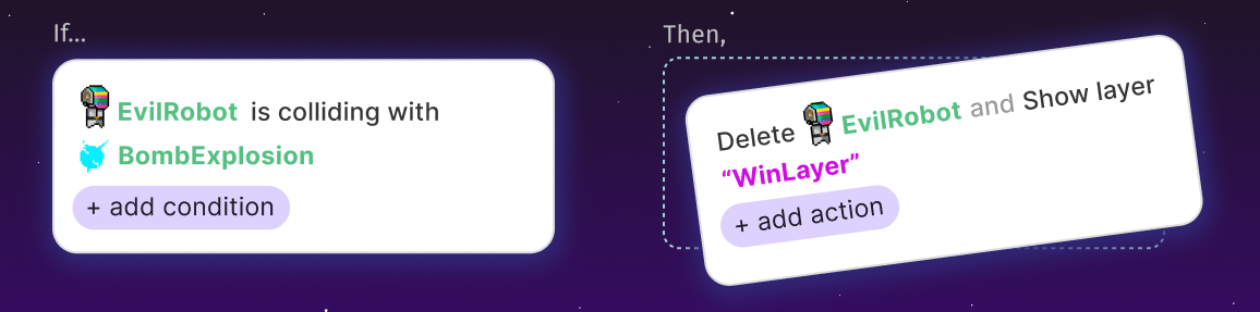 GDevelop 无代码事件表的编辑界面，左侧条件右侧动作